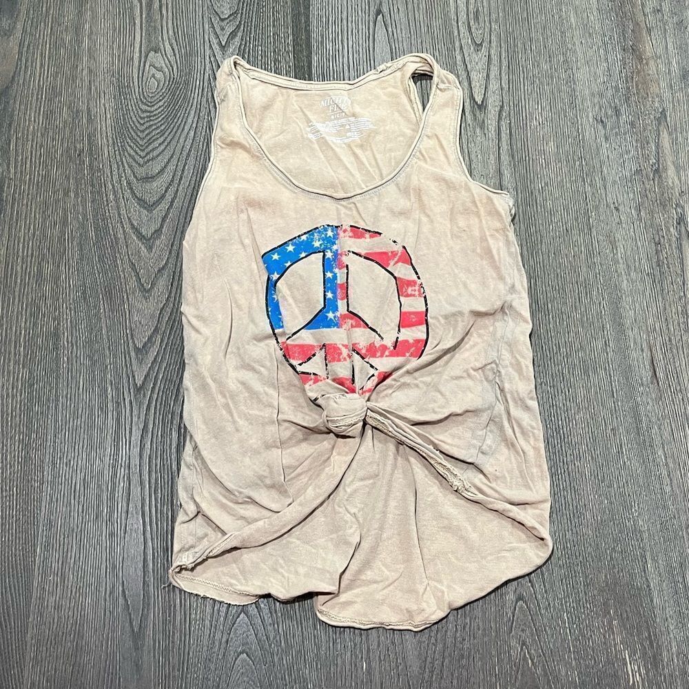 Mighty Fine Tank Top Peace Sign American Flag Tie Front Sleeveless Tan Small